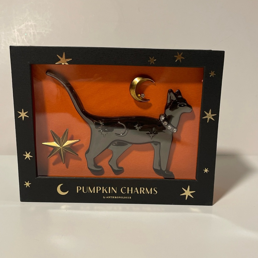 Anthropologie Halloween Black Cat Pumpkin Pin Charms - New